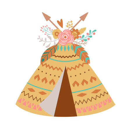 Cute boho teepee with floral bouquet, feathes, arrows. Tribal baby girl element. Teepee tent, wigwam...