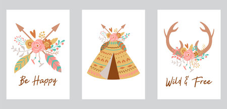 Boho chic card template collection for bohemian birthday arrows, teepee, deer horns decorated...