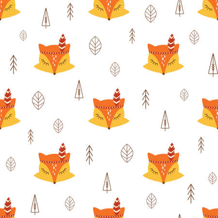 Cute fox pattern seamless forest animal, leaves, tree. Simple fall textile background Kids vector foxのイラスト素材
