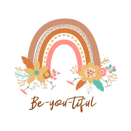 Floral rainbow Tribal boho chic rainbow flowers Positive quote be you tiful. Beautiful bohemian graphic element. Vectorのイラスト素材