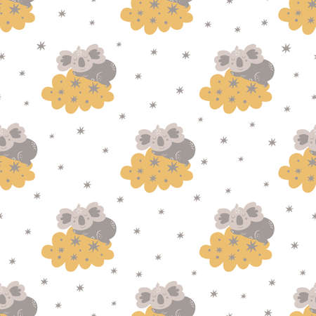 Baby bear pattern. Sweet dream. Sleeping koala bear on the clouds, stars. Childish kids texture. Good nightのイラスト素材