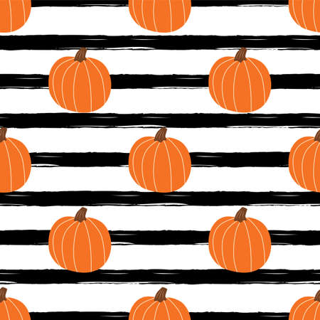 Orange pumpkin on black striped background. Simple Halloween seamless patterns, fall pumpkin, autumn texture.の写真素材