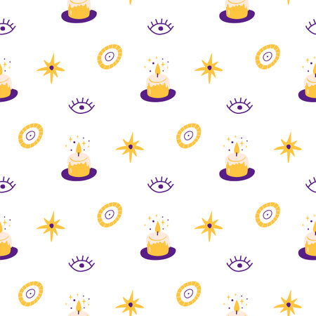Magic pattern Kids mystical seamless pattern. Candles, eyes, stars elements. Cute celestial surface...