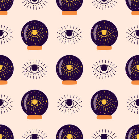 Magic crystal ball pattern, fortune eye. Crystal ball future hand drawn seamless background Esoteric...