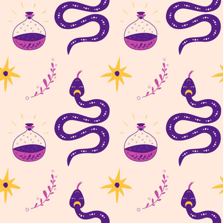 Mystical snake, star. Occult pattern Magical occult elements snake, potion, star. Graphic boho spiritual backgroundのイラスト素材