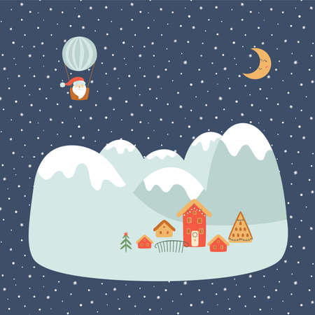 Christmas mountains. Christmas alpes. Winter landscape at night. Village Winter scene concept. Cute forest houses, Santa on hot air balloon. Cottage, farmhouse on rural landscape. Vector illustration.のイラスト素材