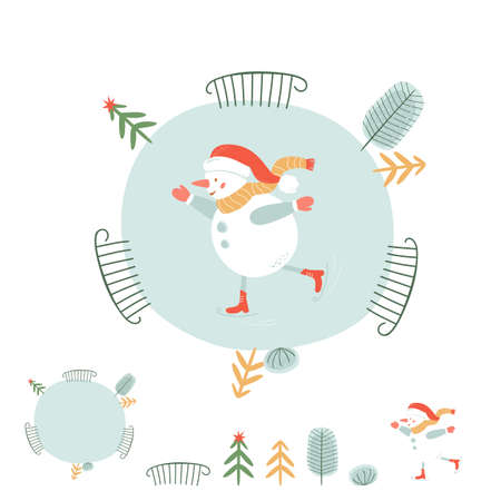 Ice skate. Snowman skating on skate rink. Ice skating, figure skating. Winter sport character, clipart elements round skate, trees. Winter sport lifestyle activity leisure outdoor vector illustration.のイラスト素材