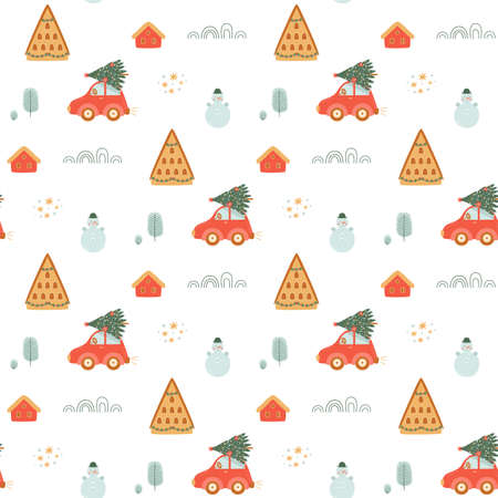 Christmas car with tree. Christmas tree on car roof. Seamless white background. Winter landscape. New year pattern. Red car delivery Christmas tree, house snowman, forest. Cartoon winter illustration.の写真素材