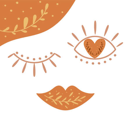 Boho love symbols. Cute bohemian face. Boho eyes and lips. Valentines Day elements isolated on white. Boho heart with botany branch. Ethnic eyes with heart. Romantic sign. Love. Vector illustration.のイラスト素材