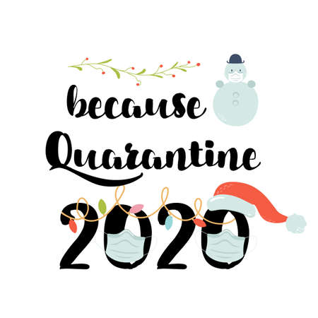 Merry Christmas 2020 with medicine mask, snowman Merry Quarantine Christmas wishing New year quarantine party element.のイラスト素材