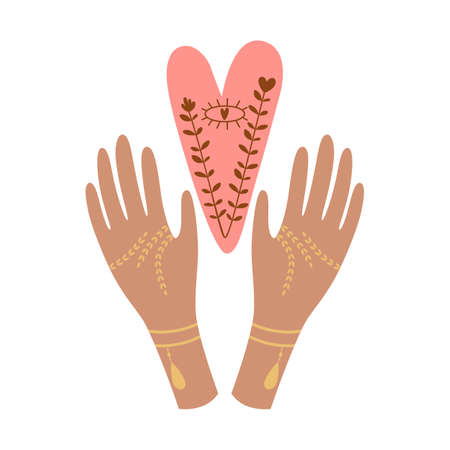 Hands with heart in boho style. Hands holding heart give share love to people concept. Bohemian Valentines day elementのイラスト素材