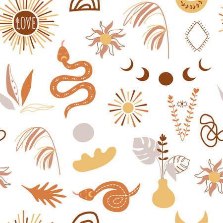 Tropical boho pattern. Botanical earth tone bohemian background. Boho plants, snake, sun, abstract shapes, dry flowers.のイラスト素材