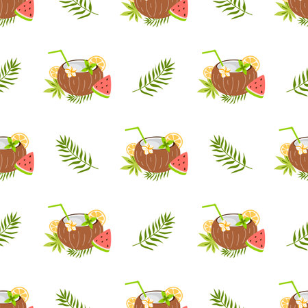 Exotic fruit seamless pattern. Summer tropical fruits background. Coconut, watermelon, tropical jungle leaves.の写真素材