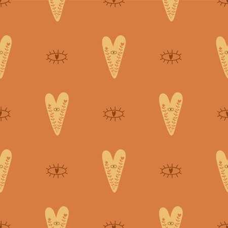 Hand drawn hearts pattern. Boho hearts with eye and folk botanical ornamet in earth tone colors. Valentines day doodles seamless pattern. Valentines day love texture background. Lovely illustration.の写真素材