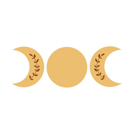 Triple moon phase symbol. Boho moon . Yellow moon phase isolated icon, alchemy graphic element. Bohemian folk botanical ornate. Vector illustration.のイラスト素材