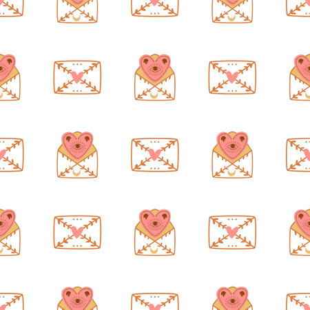 Love mail. Heart in an envelope seamless pattern. Romantic message. Cute pink envelope pattern for Valentines Day holiday. Vector illustration. Wedding mail.のイラスト素材