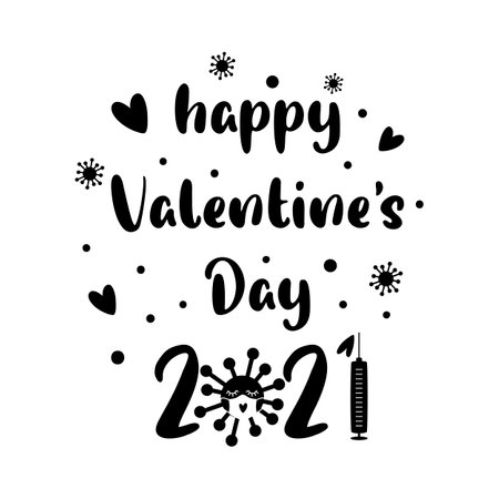 Covid Valentines day 2021. Quarantine, coronavirus symbol in face mask, vaccine syringe. Black isolated 2021 year of love concept. Vector illustration 14 february graphic element. Happy valentines dayのイラスト素材