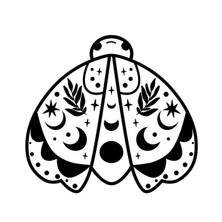 Moth drawing isolated illustration. Black celestial moth. Cute insect butterfly. Flying moon design.  Simple vector.のイラスト素材
