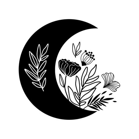 Floral moon.  Celestial crescent isolated. Hand drawing moon with flowers and leaves. Boho element, tribal moon shape graphic design. Ramadan symbol.のイラスト素材