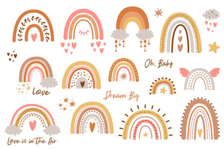Baby rainbow set. Rainbow kids design pastel shapes Hand drawn cute rainbows collection doodle sweet elements. Boho rainbows illustration isolated shapes. Baby shower decor, clouds, star, heart.の写真素材