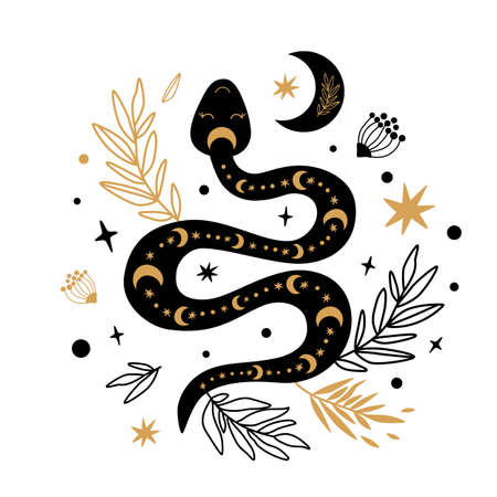 Floral snake vector. Mystic selestial serpent wildflowers, leaves, moon. Halloween boho element. Floral botanical design. Rustic serepent symbol. Gold, black snake. Reptile drawing illustration.のイラスト素材