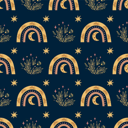 Sweet dreams pattern Night time Boho rainbow, moon, stars. Bedtime dark background. Bohemian botany print. Good night wallpaper, printable paper. Hand drawn vector illustration. Dreaming texture.のイラスト素材
