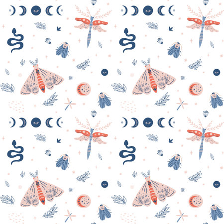 Moth pattern, butterfly summer seamless pattern, moon moth, modern insects texture, wings backgroundのイラスト素材
