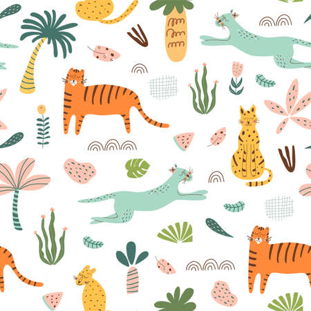 Safari kids pattern. Funny jungle seamless pattern. Palm trees, safari leopard, tiger, cactus doodle textie background.のイラスト素材