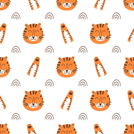 Tiger face pattern. Tiger head pattern. Cartoon cute tiger, wild cat paw background. Wild fabric designの写真素材