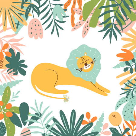 Lion in jungle. Wild animal illustration with jungle plants. Bright zoo postcard. Sweet jungle lionのイラスト素材
