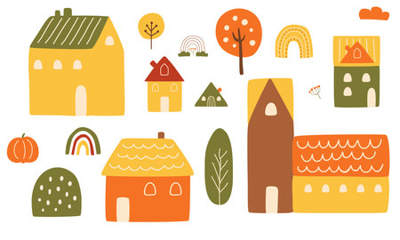 Cottage countryside Cute houses set. Rural houses collection. Autumn landscape buildings trees pumpkinのイラスト素材