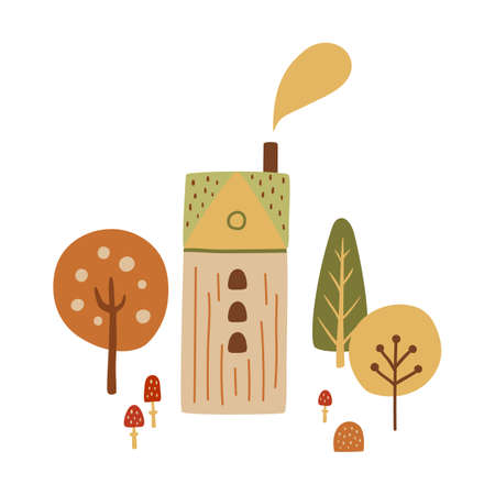 Fall cottage in forest. Cute countryside house, autumn yellow trees, mushroom, rural village landscape elementのイラスト素材