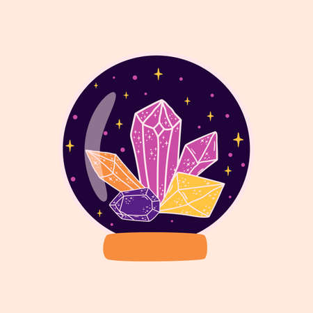 Magic crystal ball with crystals. Crystal   Fortune teller crystal ball. Witchcraft magic symbol. Halloween graphic element.のイラスト素材