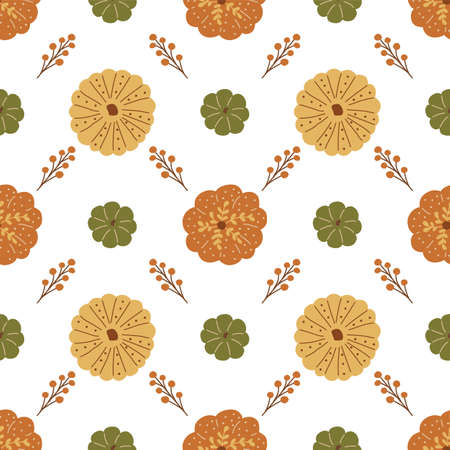 Pumpkin pattern top view. Cute decorative thanksgiving pumpkins, autumn harvest background, autumn berry. Fall seamless pattern. Cartoon hand drawn vector illustration. Pumpkin patch.のイラスト素材