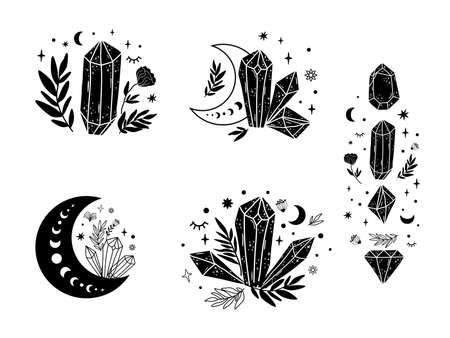 Magical stone set, moon, floral magic crystal shape. Spiritual stone collection. Celestial graphic elements isolated. Stars, crescent. Black magical stone. Spiritual minerals. Vector illustration.のイラスト素材