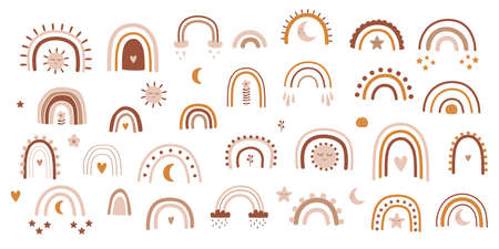Baby rainbow set. Nusrery boho rainbow collection. Pastel rainbows symbols, cloud, moon, star, heart. Lovely baby icons. Kids clipart.の写真素材