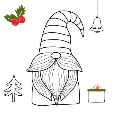 Coloring book pages christmas gnome. Coloring page gnomes. Christmas gnome character. Holiday gnomes. Santa line art vector illustration, Christmas tree, gift box. Winter holiday simple coloring page.のイラスト素材