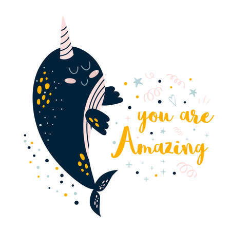 Kids whale illustration. Childish print with cute lovely baby whale, text you are amazing. Under water sea, ocean animal. Funny kids animal character for print, poster, textile, card, nursery. Vector.のイラスト素材