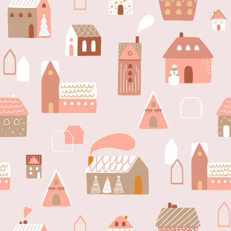 Pink Christmas houses pattern. Cute boho Christmas houses pastel Winter background New Year village textile design. Christmas city vector illustration. Hand drawn town landscape wallpaper pink fabric.のイラスト素材