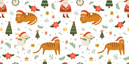 New year tiger 2022 pattern. Happy Chinese new year tiger seamless background with Santa, Christmas tree, clock. Cute Santa tiger in hat. Vector illustration. Kids Christmas wallpaper winter holiday.のイラスト素材