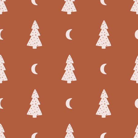 Christmas tree pattern. Winter forest seamless background. Christmas night forest with moon. Childish hand drawn fir tree textile design. Cute winter illustration. Decorative nature wallpaper.の写真素材