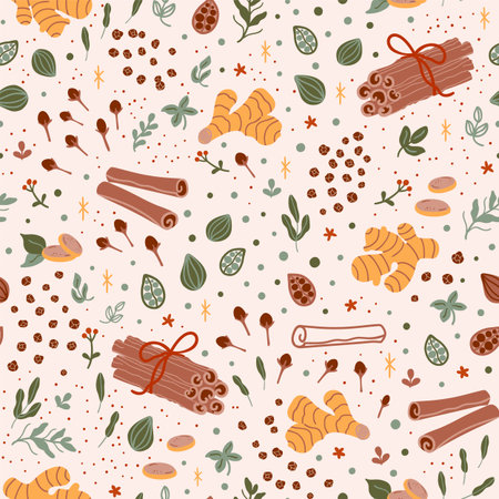 Spicy tea pattern. Spiced tea seamless background. Cartoon cinnamon, ginger, black paper, cardamon, clove. Flavor ingredients, masala tea vector hand drawn illustration. Chai tea print.のイラスト素材