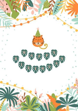 Jungle party invitation. Tropical birthday party invite. Jungle palm leaves frame. Wild party template with funny tiger head. Wild decorative card. Cute bright vector illustration.のイラスト素材