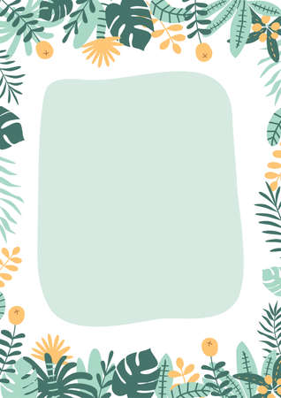 Jungle party template. Green tropical palm leaves frame border. Wild party design. Safari banner. Hawaii birthday party invite. Bright summer vector illustration. Green birthday card. Rainforest card.のイラスト素材