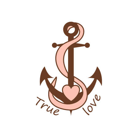 Valentines day tattoo anchor. Vintage tattoo anchor ribbon love inscription True love. Old school tattoo Retro sailor graphic element. Romantic  design. marine vector illustration.のイラスト素材