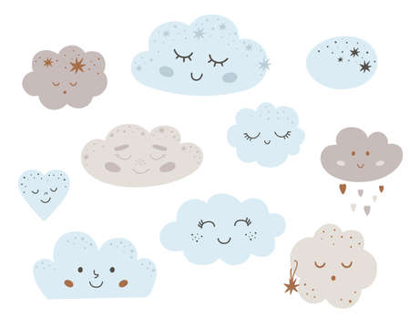 Baby clouds icin set. Sleeping cloud collection. Smiling clouds elements isolated on white. Cute nursery sleepy design.のイラスト素材