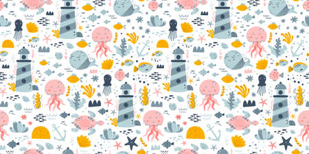 Underwater life seamless pattern. Sea life background. Ocean, fish, whale, jellyfish, seaweed, seashells, lighthouse, turtle. Kids graphic illustration fabric design. Cute sea life print. Nautical.の写真素材