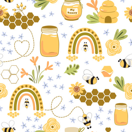 Bee honey pattern. Beehive, honey rainbow, floral seamless pattern. honeybee print. Organic honey...