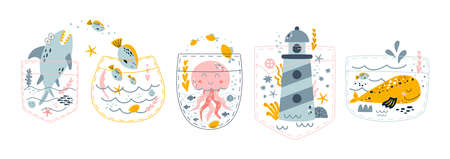 Sea animals in pocket illustration set. Shark, fish, whale, jellyfish, lighthouse collection in cute cartoon style. Underwater life vector. Ocean animals for baby print, cards, graphic design.のイラスト素材