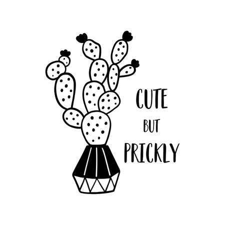Urban jungle, black cactus plant in pot. Funny plant phrase cute but prickly. Cacti graphic element isolated. Hand drawn houseplant home decor. Cactus shape vector illustration.のイラスト素材